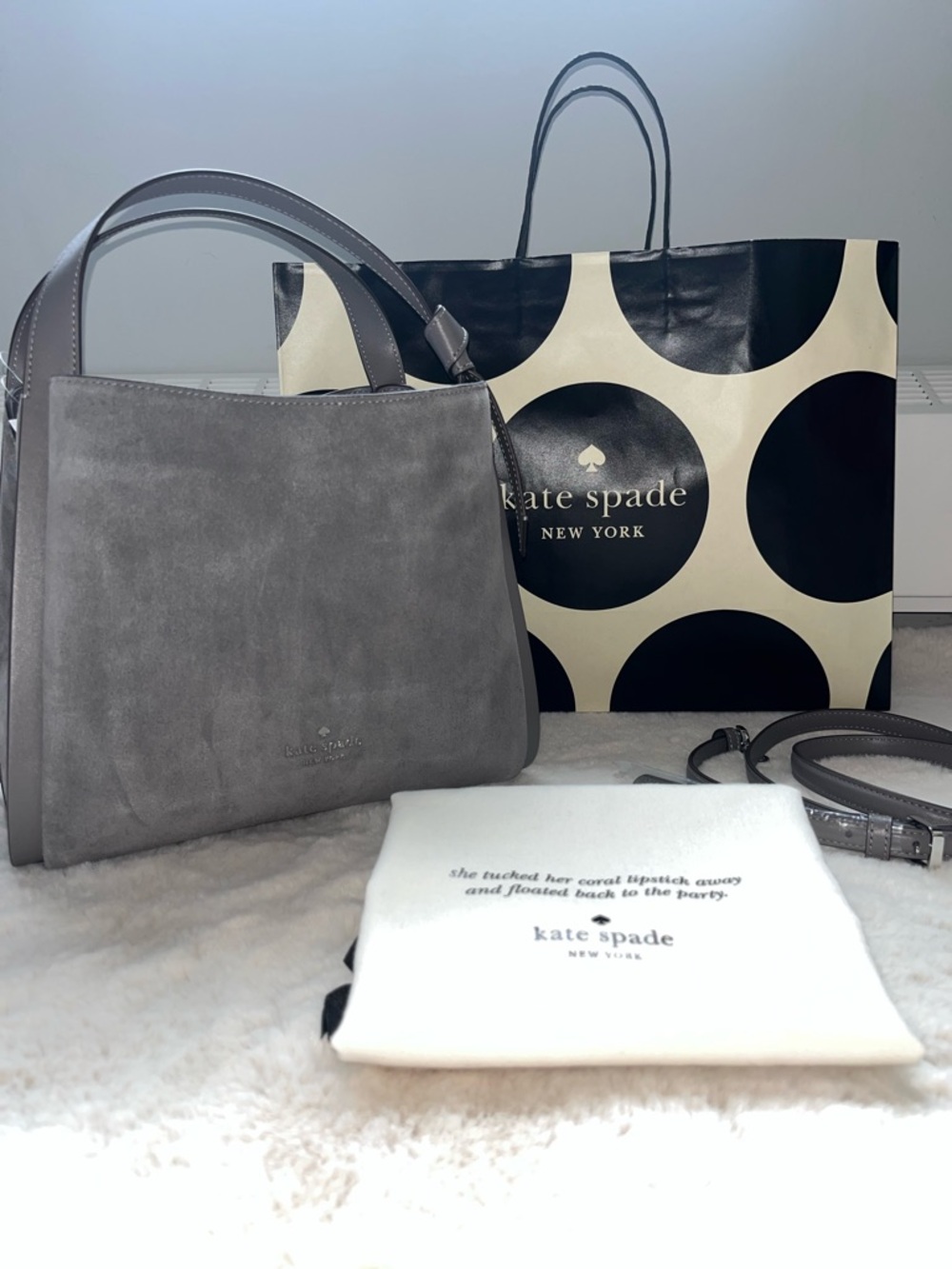 Kate Spade gray suede bag KNOTT SUEDE CONVERTIBLE CARRYALL Crossbody Bag Purse
